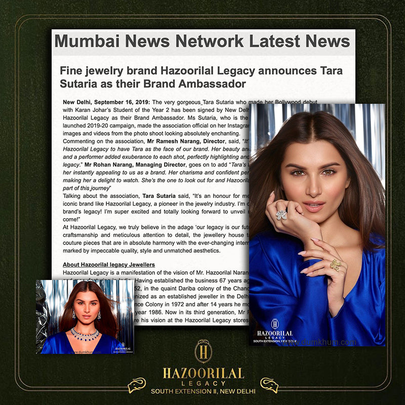 media & press mumbainewsnetworks fine jewelry brand hazoorilal legacy announces tara sutaria as their brand ambassador