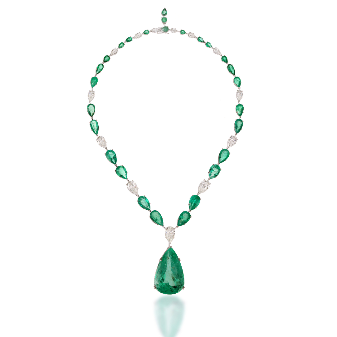 Colombian Emerald & Pear Solitaire Cascade Necklace
