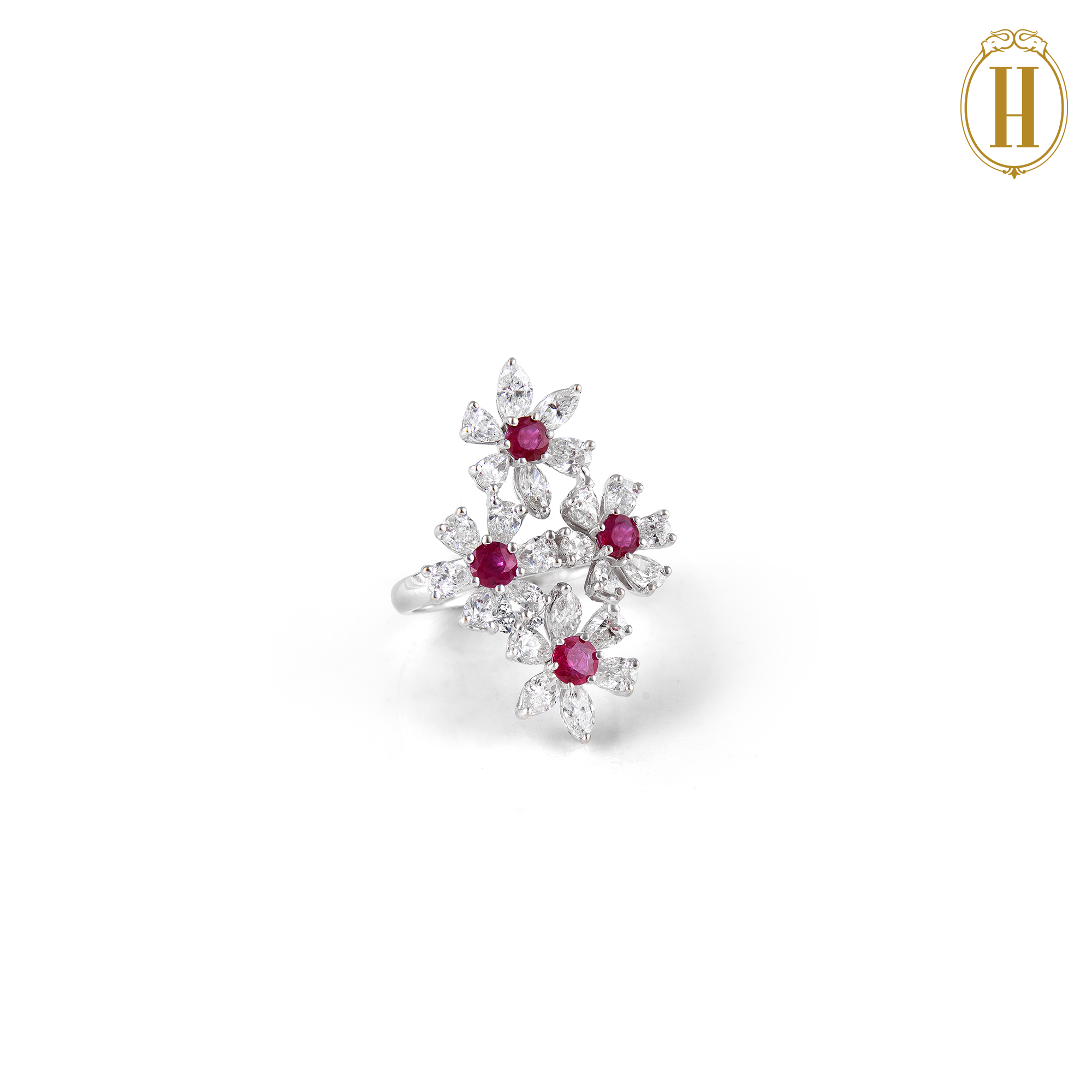  hazoorilal Diamond And Ruby Floral Bouquet Ring