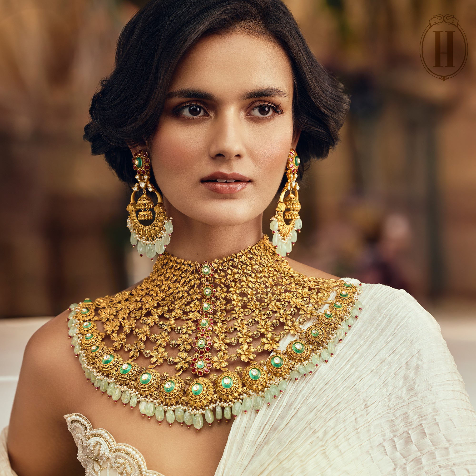 Statement Gold Satlada Set with Emerald Drops