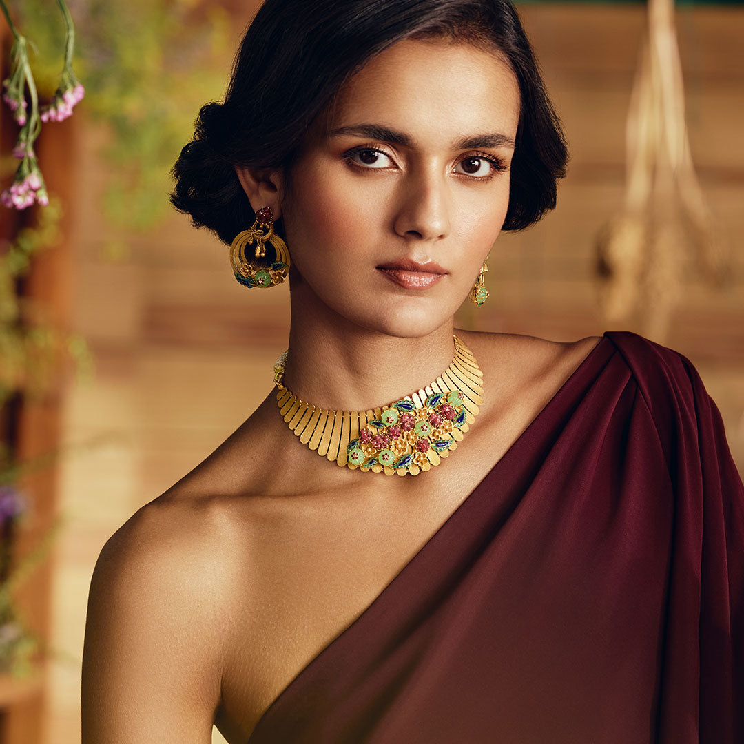 Gold Floral Choker Set with Emeralds and Rubies