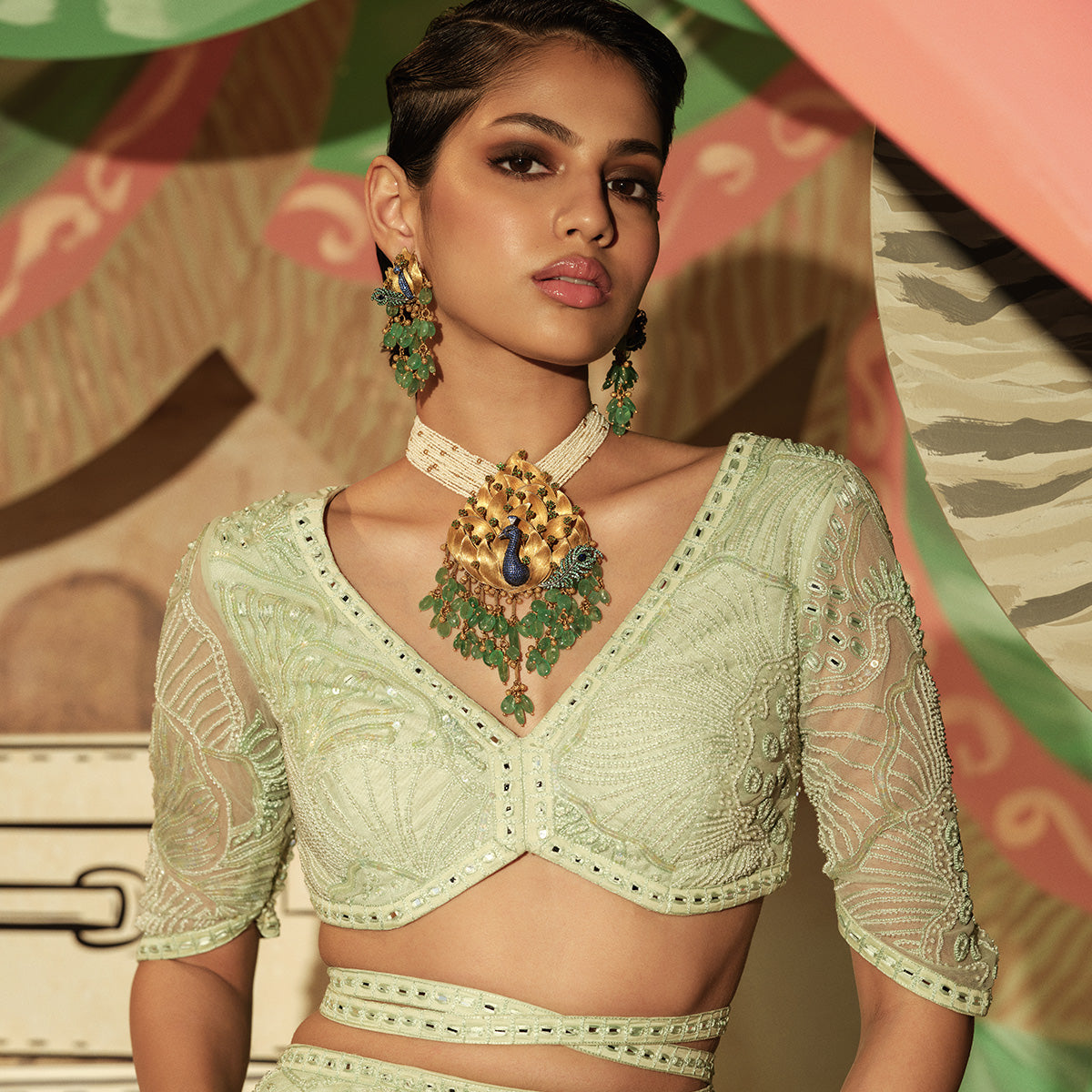 Statement Gold Peacock Set with Pearls and Emeralds