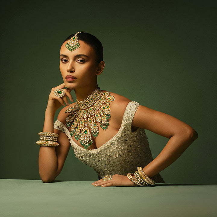 Legacy Bridal Emerald Polki Necklace Set